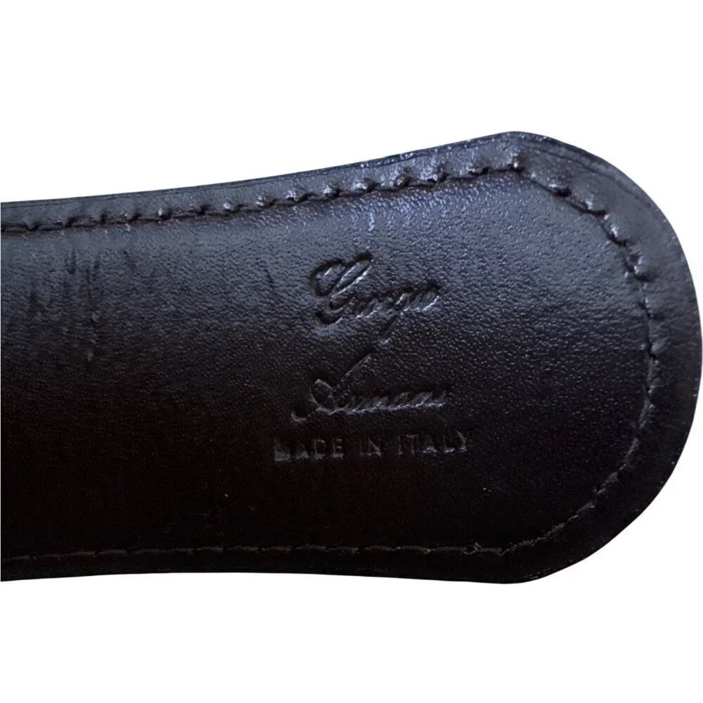 Giorgio Armani Black Leather Belt With Silver Buckle Logo Design Made In Italy